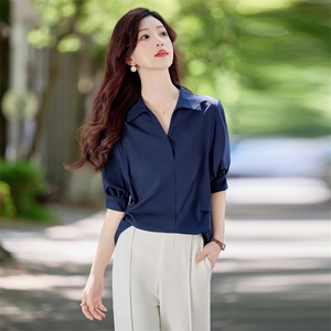 LIGHT MATURE夏季新款上衣慵懒风衬衫女设计感休闲宽松半袖衬衣女图片