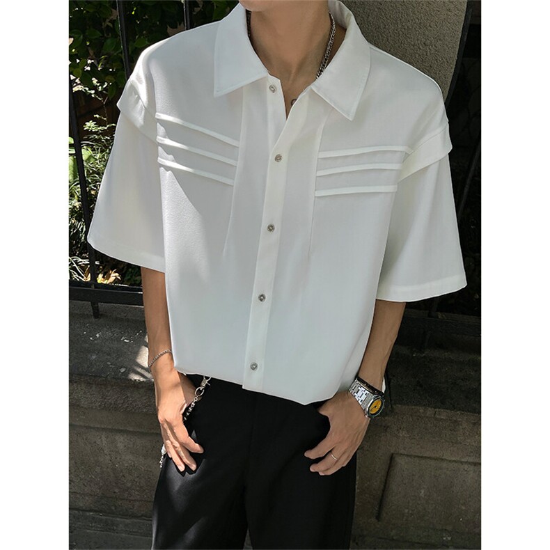 CS6019-P40控68夏季褶皱拼接短袖男宽松潮流冰丝衬衫,男装衬衫,电商A058-1（原电商C417）