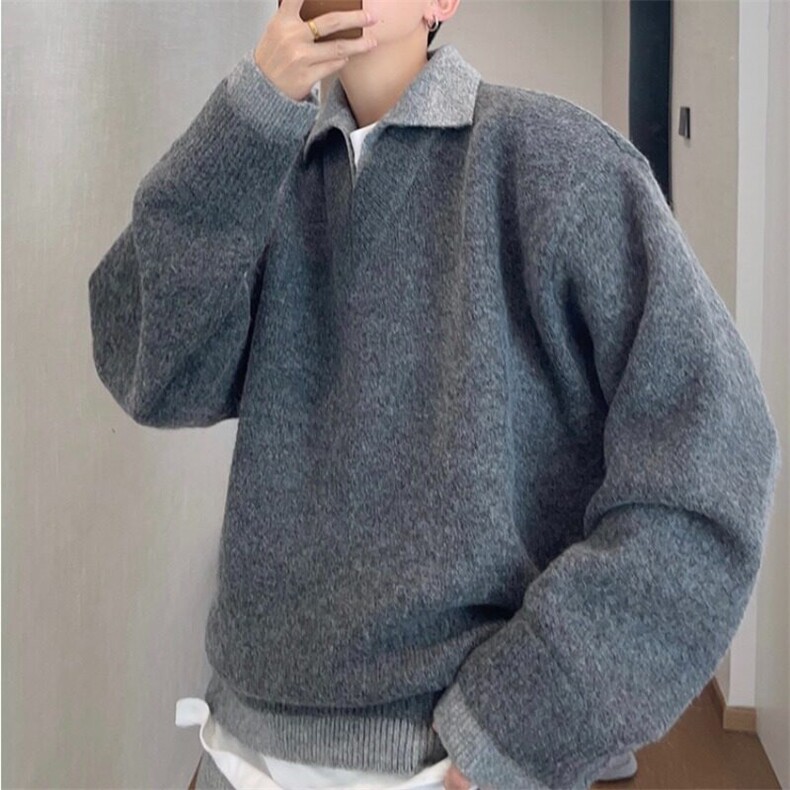 F09高质量柔软假两件毛衣灰色杏色M到XXLP75，男装针织衫/毛衣，星座506A