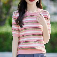 质感柔软~天丝条纹短袖T恤女夏季新款洋气针织衫2025薄款圆领上衣，女装针织衫/毛衣，斯美雅电商供货