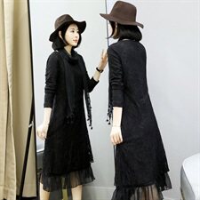 连衣裙纯色圆领2020年冬季长袖长裙拼接植绒纯色，女装连衣裙，安之芮娜