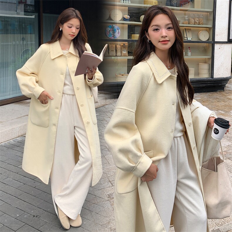 现货新款秒发纯手工缝制订钻宽松休闲双面羊毛呢大衣,女装毛呢外套,丝露怡语