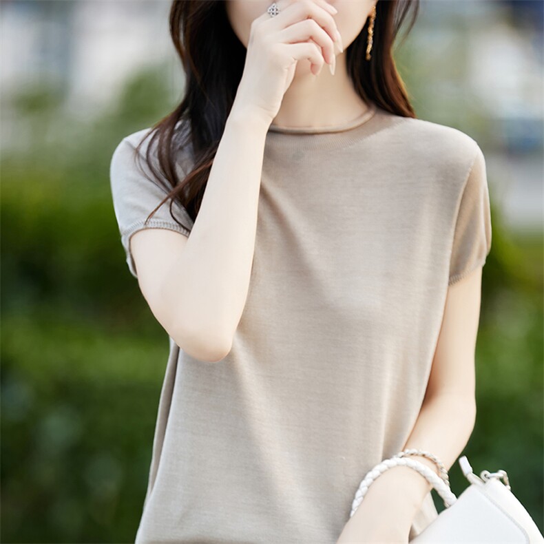 法式圆领针织小飞袖T恤女2025夏薄透气无缝短袖小衫上衣打底T恤衫,女装T恤,斯美雅电商供货
