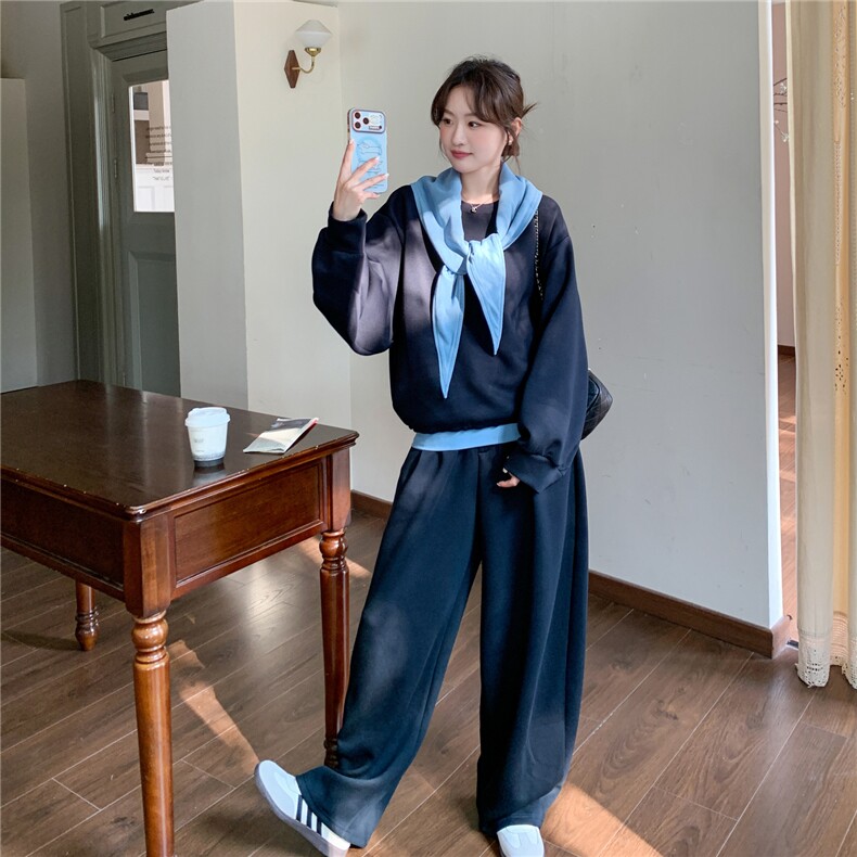 2026藏青色撞色假两件卫衣+西裤裤套装配披肩2C375-618-P185-k288,女装套装/套裙,2C375