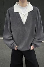 小众设计感假两件翻领卫衣拼接高级感宽松休闲长袖上衣，男装卫衣，电商B319
