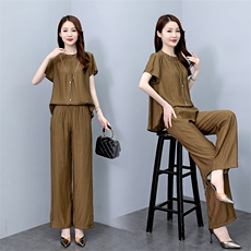 薄款冰丝套装女2025夏新款时尚大码阔腿裤洋气减龄显瘦遮肉两件套，女装套装/套裙，梦依杭