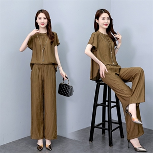 薄款冰丝套装女2025夏新款时尚大码阔腿裤洋气减龄显瘦遮肉两件套图片