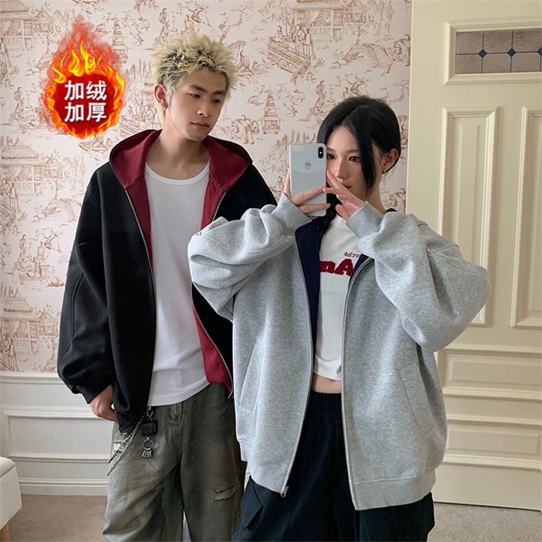 加绒加厚卫衣男女重磅高品质美式撞色连帽外套5D1186-TP60不图片