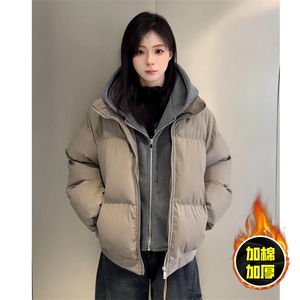现货高品质重磅工艺美式高街假两件PU皮棉衣男女加厚棉服外套图片