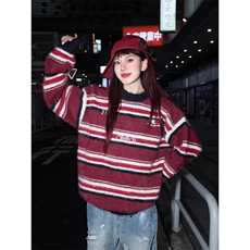 网图现货条纹水貂毛圆领毛衣男女松弛感慵懒风套头针织B45-P55，男装针织衫/毛衣，星座910-1