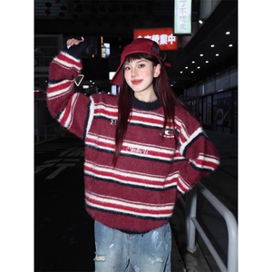 网图 现货 条纹水貂毛圆领毛衣男女松弛感慵懒风套头针织B45-P55图片