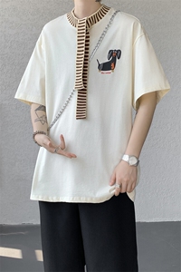 8XL-M 纯棉复古拼接假领带设计短袖美式T恤男重工情侣上衣潮DX341图片