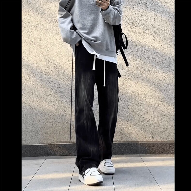 松紧腰美式扎花闪电纹显瘦休闲裤牛仔裤男百搭高街设计感长裤子潮图片