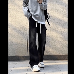 松紧腰美式扎花闪电纹显瘦休闲裤牛仔裤男百搭高街设计感长裤子潮图片