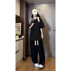 wassuphappy条纹短袖t恤男士夏季薄款宽松上衣服潮流休闲五分袖，男装T恤，电商B371