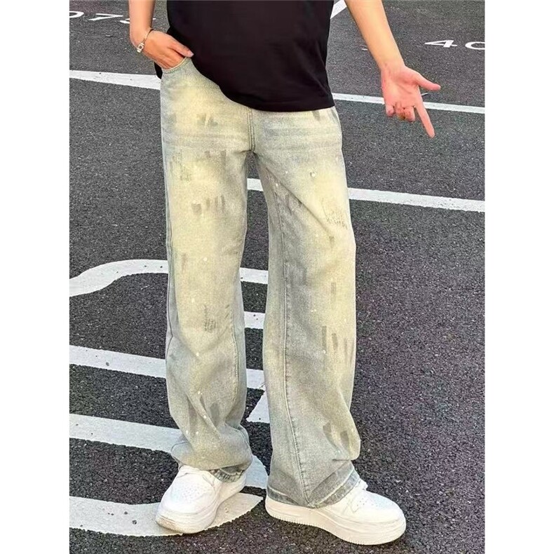扎染泼墨牛仔裤男款美式vibe风格裤子高街潮牌痞帅直筒弯刀微喇裤，男装牛仔裤，星座506A