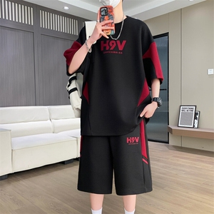 港风套装男休闲宽松时尚拼接色圆领短袖T恤短裤两件套-TZ1718-P57图片