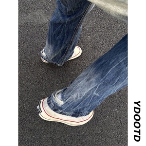 蓝色闪电纹破洞牛仔裤男款夏季设计炸街裤子高街微喇裤 K102-P45图片
