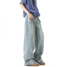 【现货】美式复古破洞牛仔裤显瘦阔腿裤XZ502-K846-P65控89，男装牛仔裤，星座502