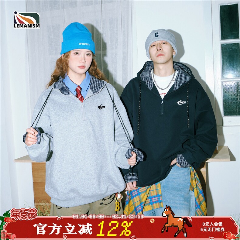 1506-1/W120-11/P55复古刺绣拼接格子连帽卫衣男女春秋休闲宽卫衣图片