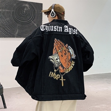西海岸hiphop高街男潮外套设计感小众胖子大码浅蓝色涂鸦牛仔夹克，男装工装外套，星座1103-3