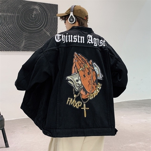 西海岸hiphop高街男潮外套设计感小众胖子大码浅蓝色涂鸦牛仔夹克图片