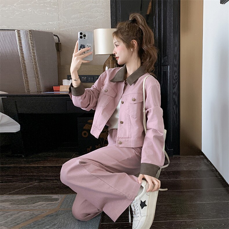 韩系学院风撞色翻领外套女2025春秋新款显瘦阔腿裤夹克上衣两件套,女装套装/套裙,2C305