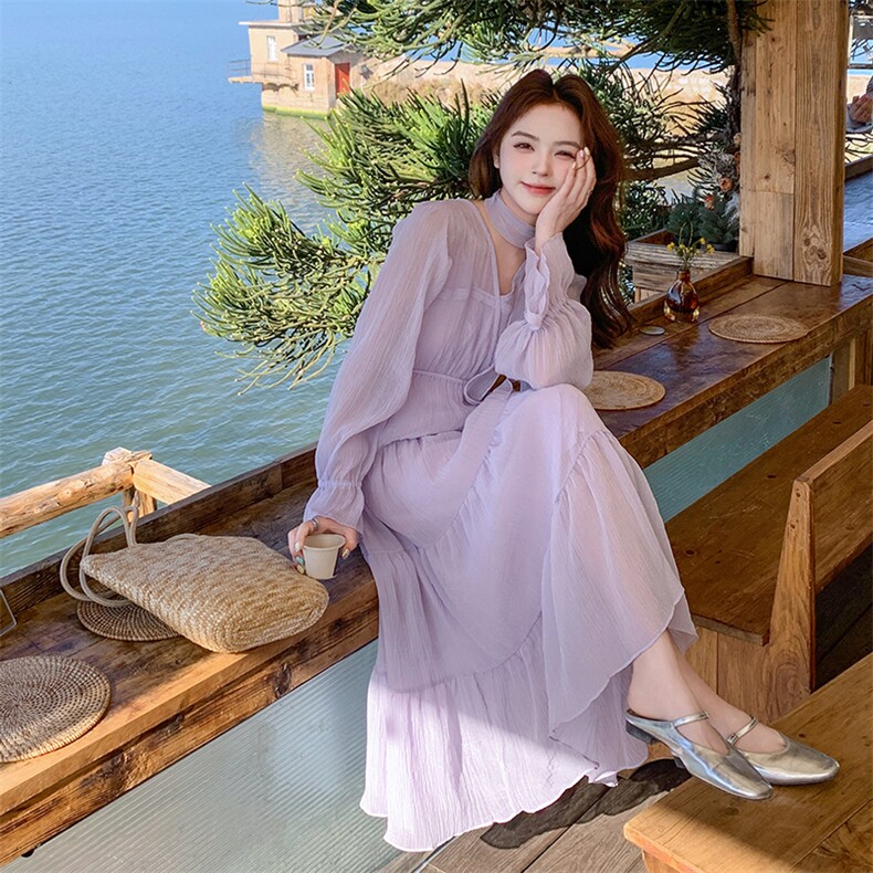 法式浪漫温柔风连衣裙女2025夏季新款超好看绝美气质收腰紫色长裙,女装连衣裙,2C108