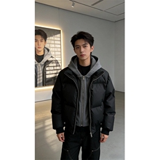 网图美式假两件pu皮短款棉服男款冬季加厚工装棉袄连帽外套特P85，男装皮衣，电商C306-1