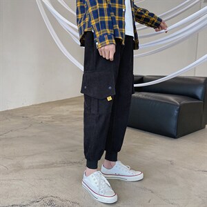 K1012-P45加绒P50潮宽松多口袋工装宽松休闲九分小脚男裤控58图片