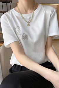 重磅真丝t恤女短袖印花桑蚕丝白色圆领小衫2024夏装半袖短款上衣图片