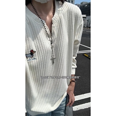 XZ809A/SYR07/特P19/控38肌理感腊肠狗绣花V领长T恤卫衣，男装T恤，星座809A(原222-1)