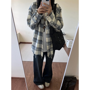 日系格子衬衫男长袖毛边春秋休闲男生衬衣外套  C909图片