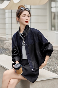 海宁皮衣牛仔拼接立领外套女2025秋新款宽松休闲百搭时尚夹克上衣图片