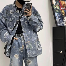 牛仔套装男春秋美式复古花卉港风男生酷帅穿搭oversize两件一套，男装休闲套装，星座410-7