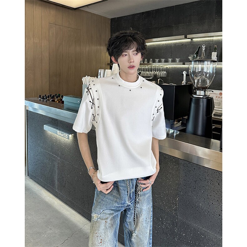 现货!25夏男绑带设计感铆钉垫肩金属短袖T恤DX192-P68图片 现货!25夏男绑带设计感铆钉垫肩金属短袖T恤DX192-P68图片