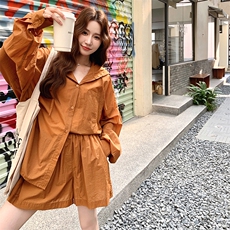 橘色防晒连帽外套短裤套装女夏2025新款减龄ootd两件套爆款超火，女装套装/套裙，2C085