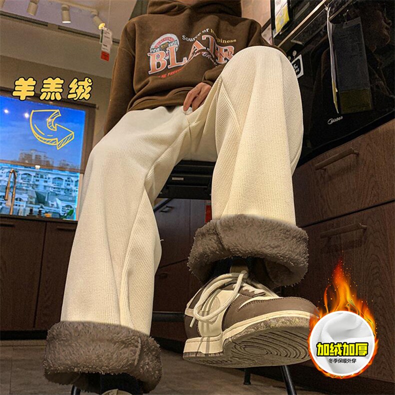 冬季美式高街加绒加厚男女休闲裤灯芯绒保暖直筒宽松阔腿长裤,男装棉衣,电商A443