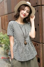 棉麻甜美圆领2025年夏季文艺短袖T恤经典格子休闲宽松娃娃衫，女装T恤，风姿绰