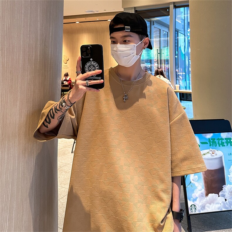 T8066/P30夏季港风短袖透气T恤男潮纯色宽松半袖提花上衣大码男,男装T恤,电商A141