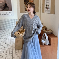 2025年春季V领毛衣网纱半裙两件套-款号5803-P155-K218，女装套装/套裙，浙宝305