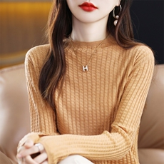 时尚百搭半高领仿羊毛针织衫修身显瘦长袖打底衫，女装针织衫/毛衣，大美人包芯纱店