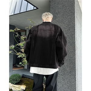 现货 高街小众解构设计感垫肩牛仔外套男女做旧复古水洗短款夹克图片