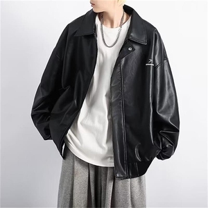 皮衣男秋季新款pu皮夹克翻领宽松复古机车派克服男士休闲防风外套图片