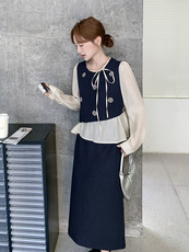 温柔系穿搭假两件小衫套装女秋季2025新款高级感显瘦半身裙两件套，女装套装/套裙，浙宝192（原082）