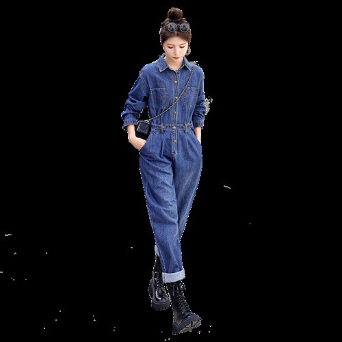 时尚显瘦牛仔连体裤女宽松高腰长袖工装裤，女装连体裤，秋水欣儿