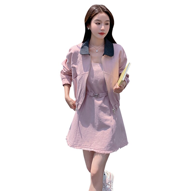 撞色翻领粉色外套连衣裙两件套女2024秋季新款韩系穿搭小个子套装,女装套装/套裙,2C088