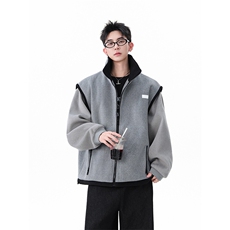 高级感灰色拼接毛呢外套男宽松休闲日常上衣潮XZ201-2A769P148，女装短外套，星座201-2