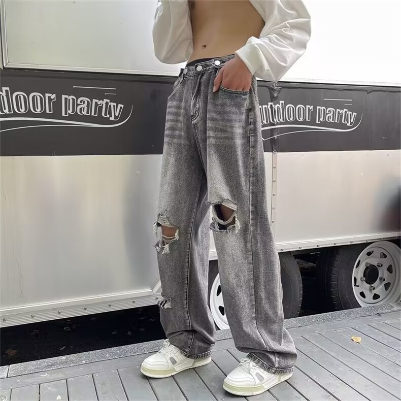 复古牛仔裤男女夏季新款宽松垂感拖地裤直筒破洞阔腿裤GN516-p47,男装牛仔裤,星座1008
