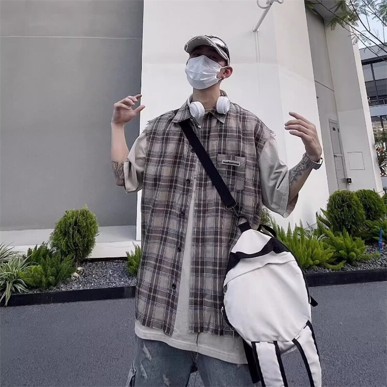 C255-P28美式复古高街无袖t恤格子衬衫男潮牌女嘻哈宽松坎肩,男装衬衫,电商B323A